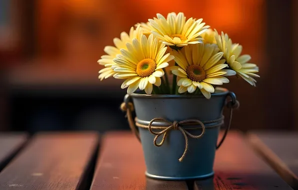 Flowers, Board, chamomile, bouquet, yellow, bow, red background, bucket