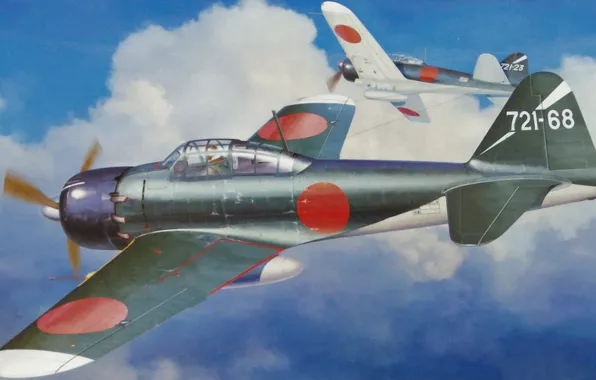 Picture aircraft, airplane, painting, aviation, Mitsubishi A6M5c zero fighter type 52 Hei