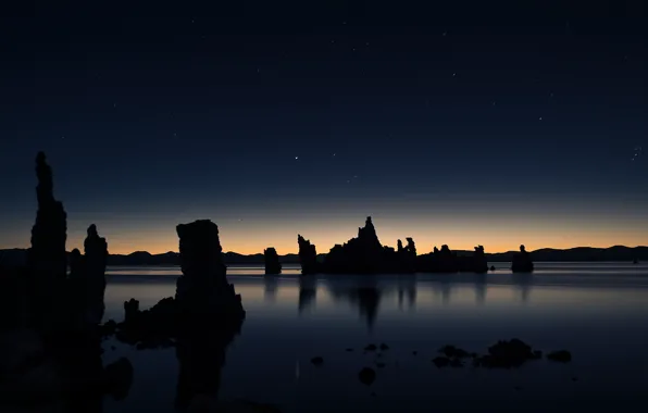 Stars, lake, reflection, dawn, California, Mono Lake