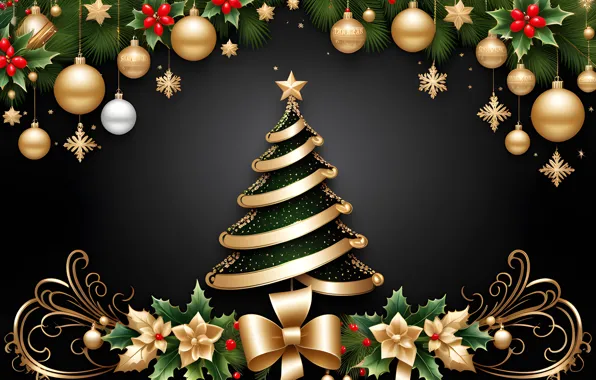Stars, balls, flowers, snowflakes, branches, the dark background, pattern, graphics