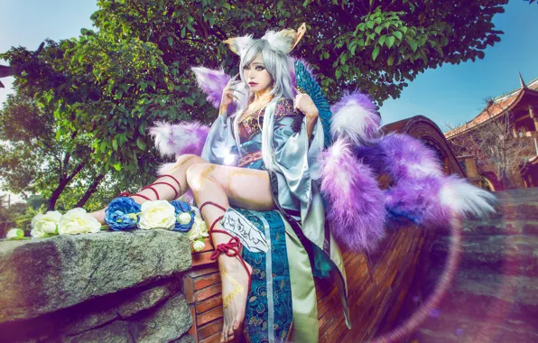 Girl, pose, feet, fan, blonde, costume, outfit, fur