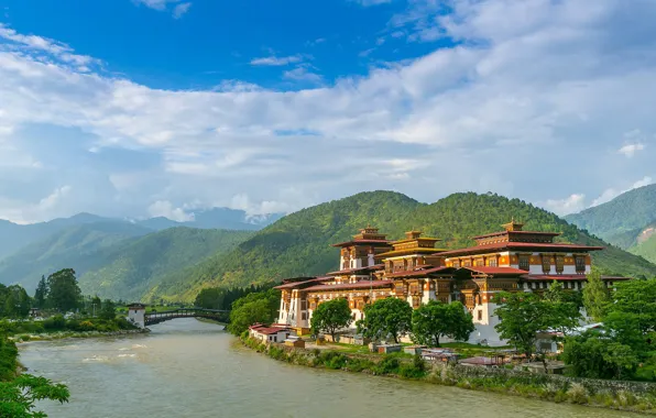 Mountains, river, Asia, the monastery, Asia, Bhutan, Punakha