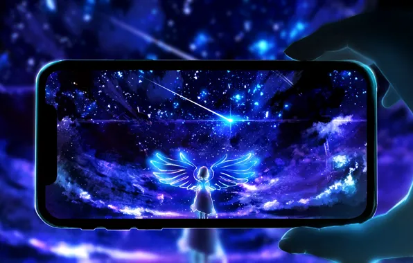 The sky, girl, night, wings, fantasy, shooting, smartphone