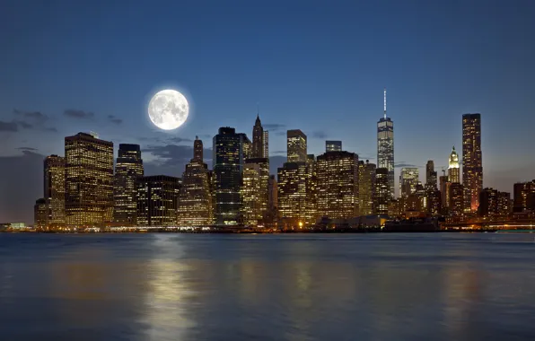 The sky, night, lights, the moon, coast, building, New York, skyscrapers