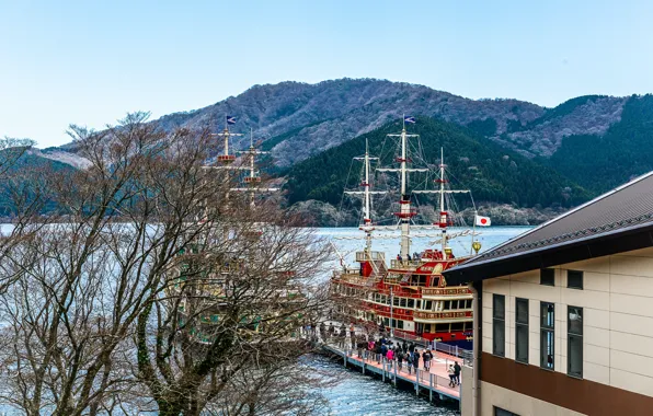 Picture mountains, lake, ships, Japan, Japan, mountains, lake, boarding