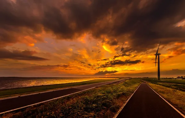 Picture sea, sunset, windmills