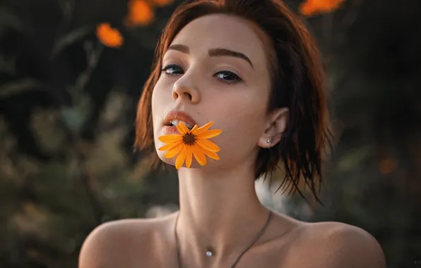 Flower, look, model, portrait, makeup, hairstyle, brown hair, beauty