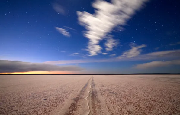 Road, stars, clouds, sunset, desert, the evening, blur, horizon