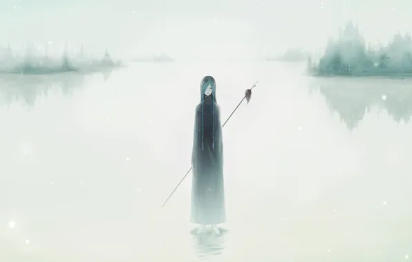Picture water, girl, Islands, fog, cloak