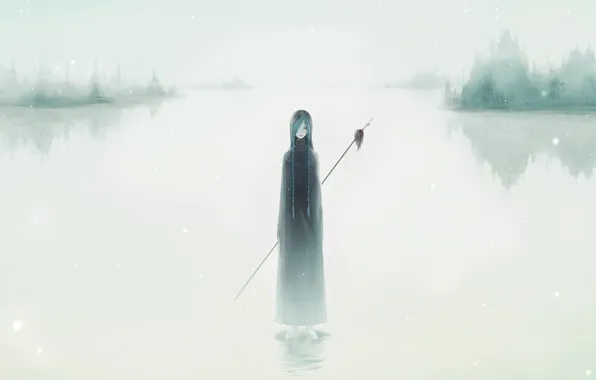 Water, girl, Islands, fog, cloak