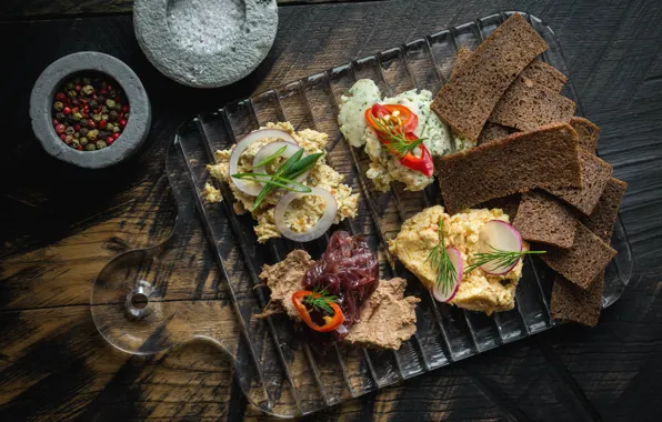 Bread, sandwich, vegetables, spices, pate