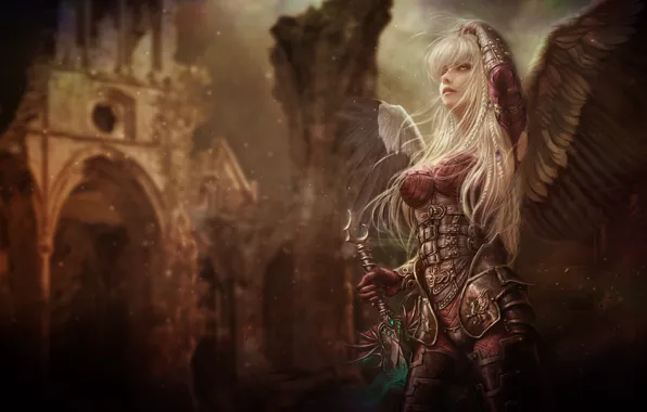 Girl, Blonde, Armor, Style, Girl, Sword, Wings, Beautiful
