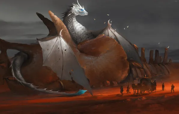 People, dragon, coach, dinosaur bones