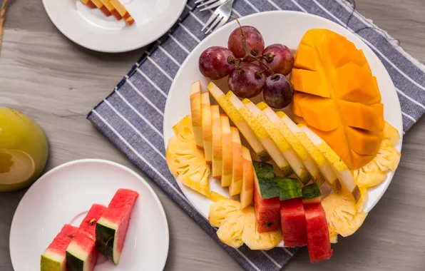 Watermelon, grapes, fruit, mango, pineapple, cutting