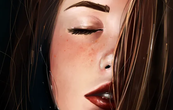 Face, hair, art, lips, freckles, painting, art, closeup