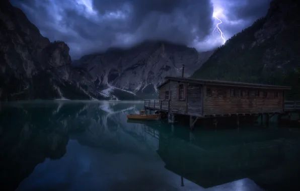 The storm, mountains, clouds, lake, rocks, shore, lightning, boat