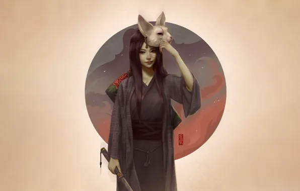 Girl, Minimalism, Style, Asian, Girl, Sword, Mask, Art