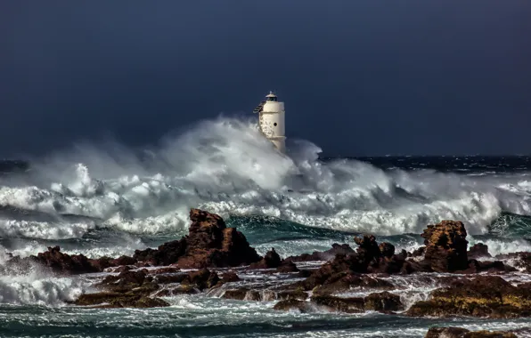 Sea, wave, squirt, lighthouse, storm, the troubled sea, gray clouds