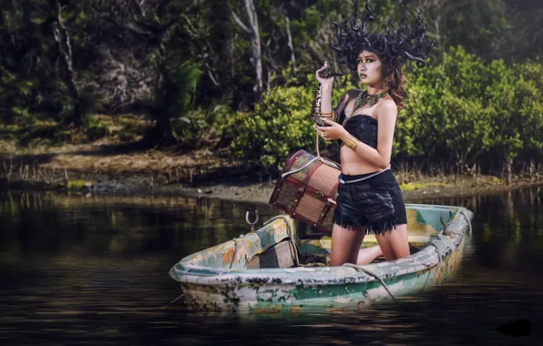 Picture water, girl, style, model, boat, snake, the situation, Asian