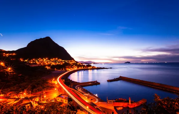 Picture sea, the sky, night, the city, lights, mountain