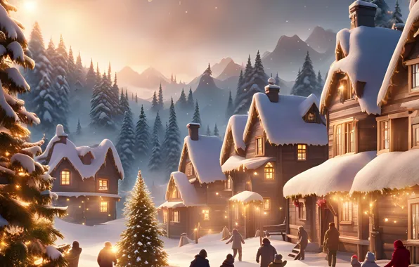 Winter, frost, forest, the sky, snow, mountains, night, children