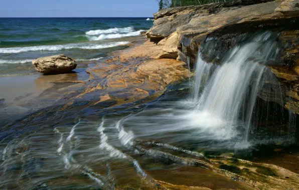 Sea, water, stones, shore, waterfall, jet
