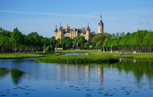 Pond, castle, Germany, Schwerin Castle, Mecklenburg-Vorpommern
