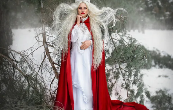 Winter, forest, girl, snow, decoration, branches, woman, makeup