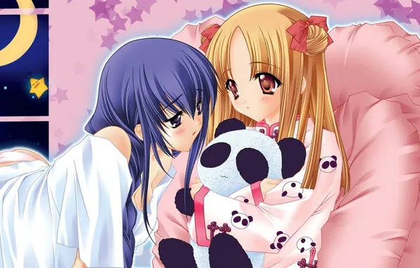 Night, toy, anime, window, art, Panda, girl, friend