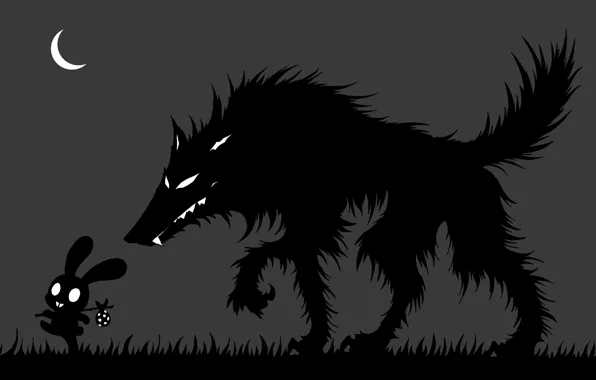 Grass, night, danger, the moon, wolf, hare, a month, silhouette