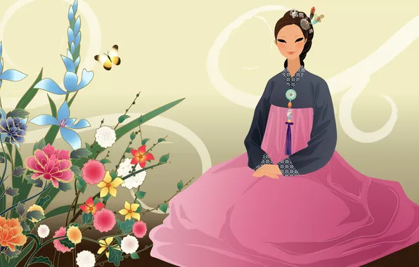 Girl, flowers, butterfly, art, Asian, hanbok