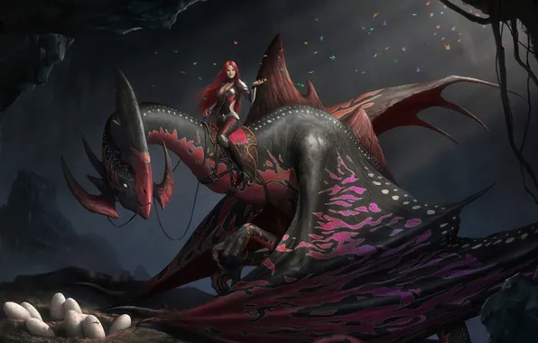 Picture girl, dragon, eggs, rider, art, lizard, cave