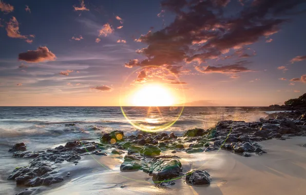 The sun, landscape, nature, stones, dawn, shore, Hawaii