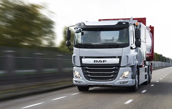 Picture grey, truck, DAF, DAF, 6x2, on the road, triaxial, platform