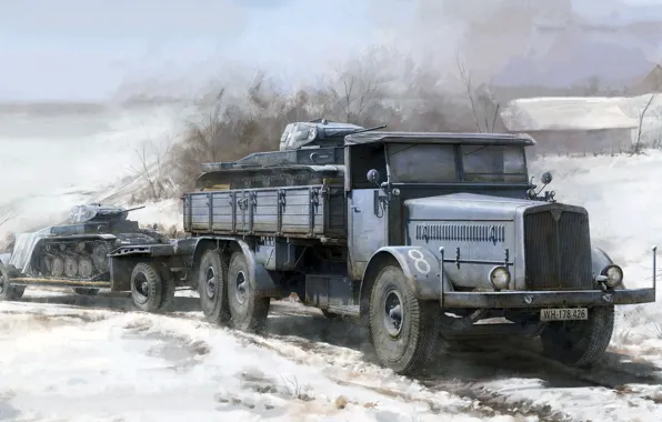 Picture Truck, tank, transportation, Faun L900, trailer SdAh 115, PZ II