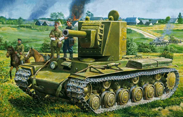 Picture war, art, painting, tank, ww2, KV-2, Kliment Voroshilov tank