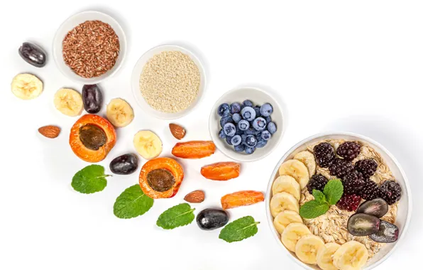 Berries, blueberries, banana, mint, BlackBerry, muesli