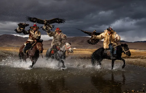 Mountains, clouds, horses, horse, riders, pond, men, riding