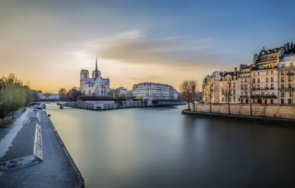 Sunset, river, Paris, hay, Notre Dame Cathedral, Notre Dame de Paris