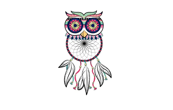 Owl, bird, minimalism, feathers, light background, owl, Dreamcatcher, dreamcatcher