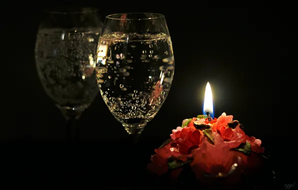 Picture reflection, glass, candle, champagne
