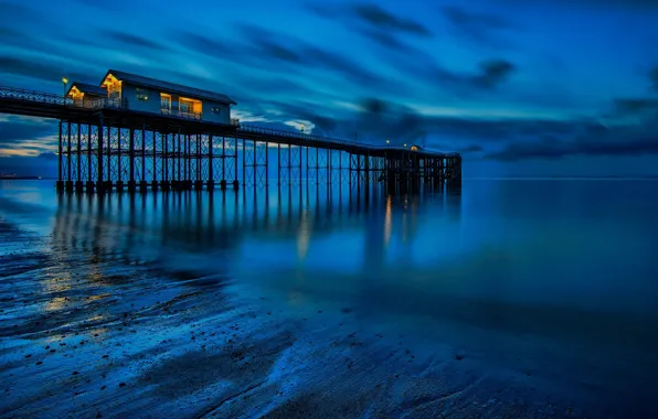 Sea, lights, shore, tide, pierce, UK, Wales