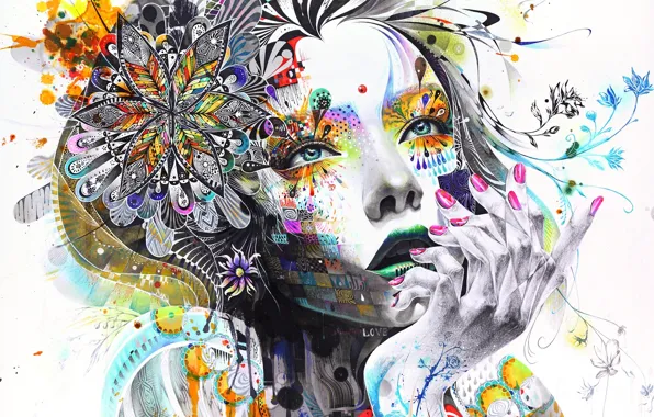 Eyes, girl, abstraction, rendering, fingers