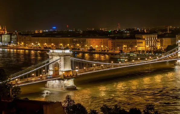 Picture night, bridge, lights, river, Hungary, Budapest, The Danube