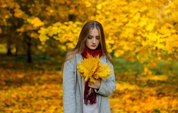 Autumn, leaves, girl, yellow, Frolenko Maxim