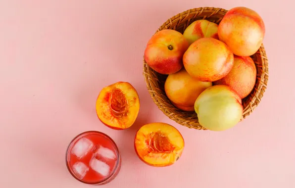 Glass, juice, drink, bowl, fruit, peaches, pink background, network