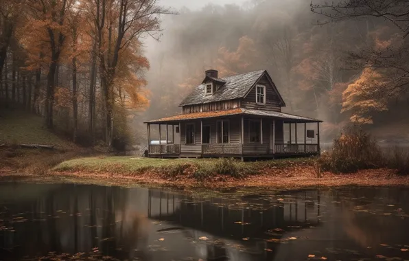 Autumn, forest, trees, fog, lake, house, pond, reflection