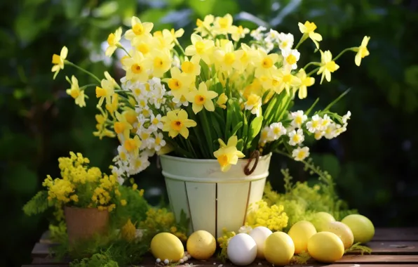 Flowers, holiday, eggs, bouquet, spring, Easter, pot, daffodils