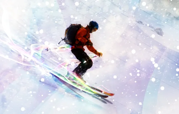 Snow, mountains, lights, the descent, ski, neon, skier