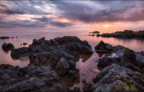 Sea, sunset, rocks